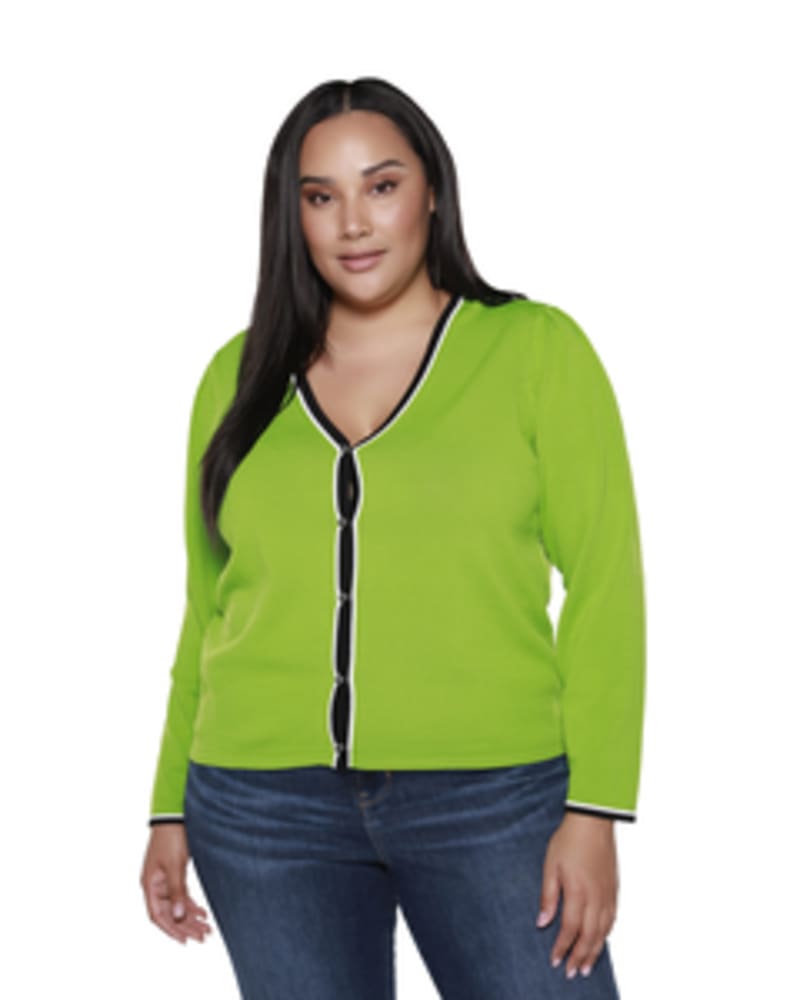 Front of a model wearing a size 1X Rosalie Button Up Cardigan in Apple Green by Belldini Black Label. | dia_product_style_image_id:245958